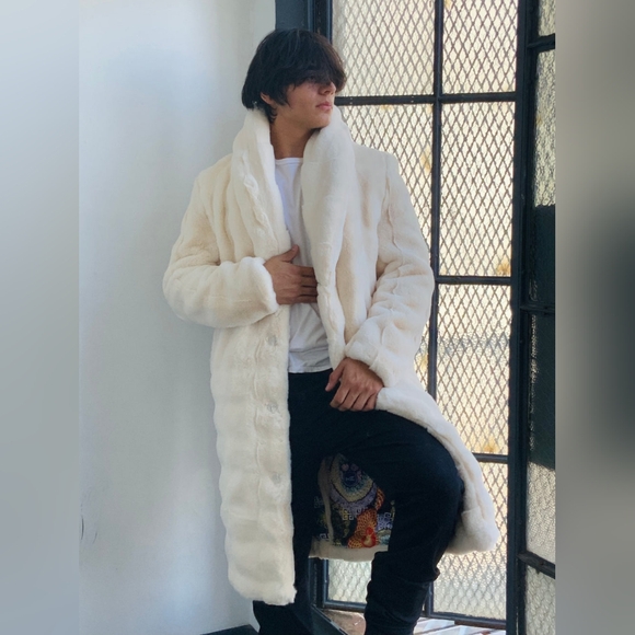 Men's Manzini Ivory Faux Fur Overcoat NWT - Picture 5 of 7